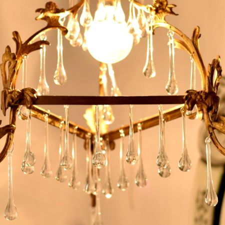 Vintage Italian Style Brass Enameled Chandelier with Clear Glass Teardrops